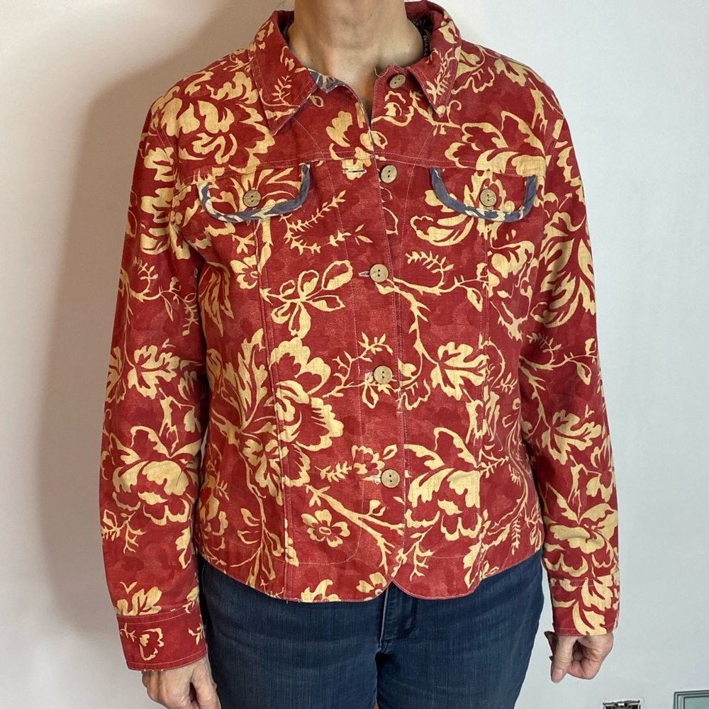 Coldwater Creek Cotton Jacket Red Floral & Leaf Pattern Size: Medium